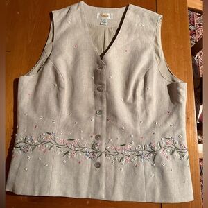 Talbots Linen Blend Embroidered Cream Vest with Pastel Floral EmbroideredAccents